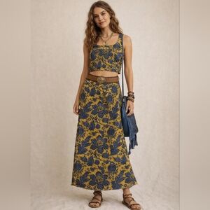 Vintage Florence Walsh Top and Skirt Set Floral Mustard Yellow Blue 70s Boho